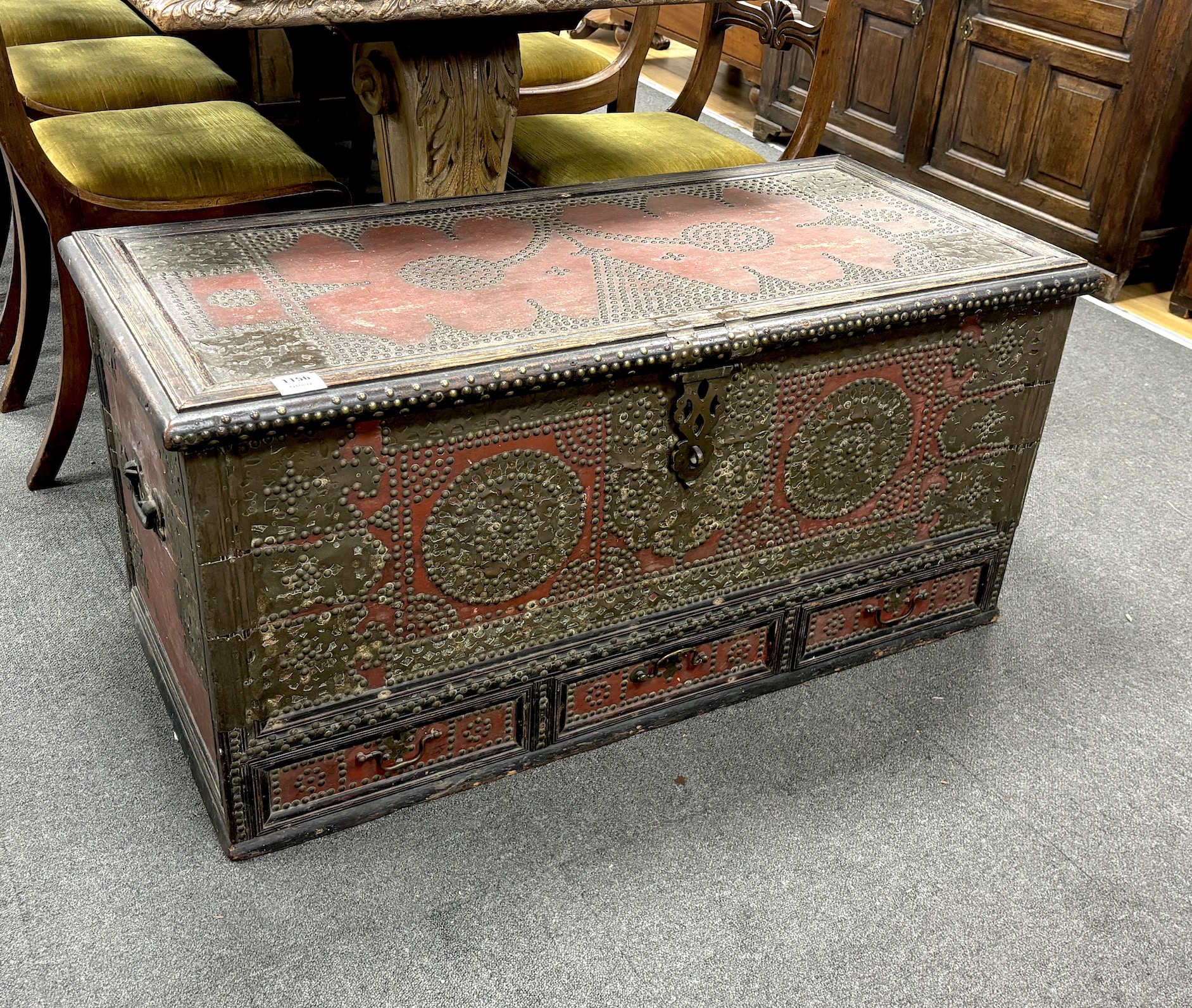 A Zanzibar brass studded chest, width 109cm, depth 51cm, height 52cm